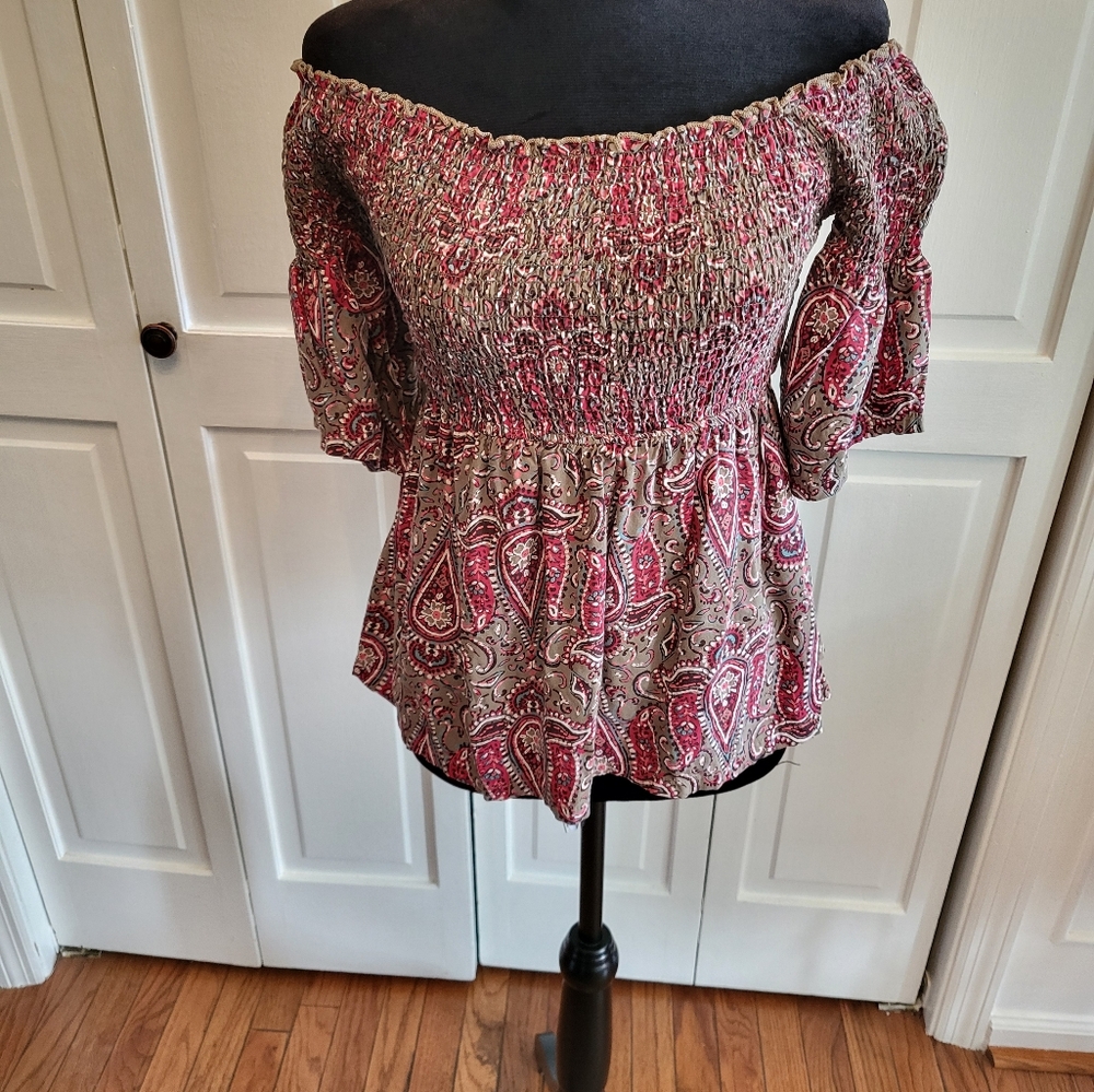 Hollister Green And Burgundy Paisley Off-Shoulder Babydoll Sz S Boho Festival